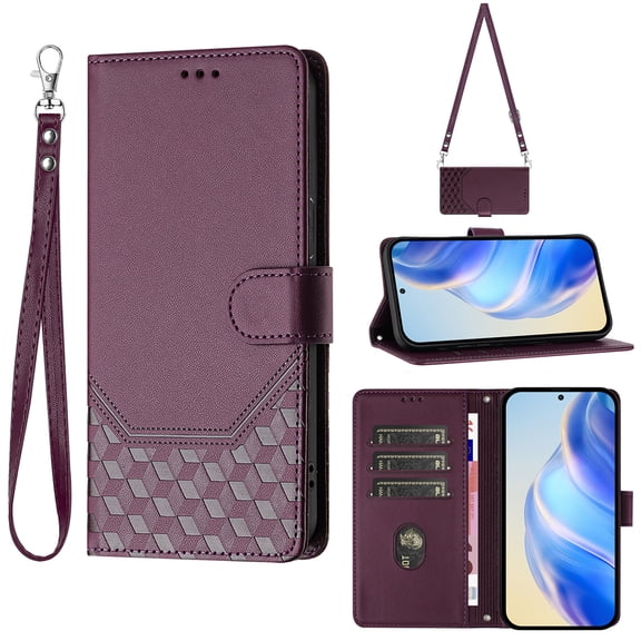 For Google Pixel 9 / 9 Pro Phone Case,Beehive Embossment Design,Anti-Scratch PU Leather Flip Foldable Kickstand,With Card Slots,Strap,Shoulder Strap,Shockproof Non-Slip Wallet Phone Case,Darkpurple