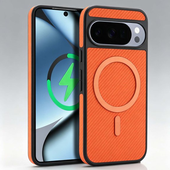 For Google Pixel 9 / 9 Pro Phone Case,Compatible with Mag-Safe,Anti-Scratch Fiber Pattern PU Leather Back Design,PC + TPU Hybrid Shockproof Non-Slip Protection,Durable Thin Phone Case,Orange