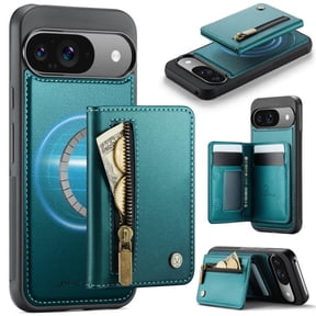 For Google Pixel 9 / 9 Pro Phone Case Compatible With MagSafe 2 In 1 Wallet With Card Holder &Zipper Cash Pocket,PU Leather Case,RFID Blocking, Kickstand  Magnetic Protective Women Men Cover,Green