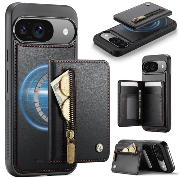For Google Pixel 9 / 9 Pro Phone Case Compatible With MagSafe 2 In 1 Wallet With Card Holder &Zipper Cash Pocket,PU Leather Case,RFID Blocking, Kickstand  Magnetic Protective Women Men Cover,Black