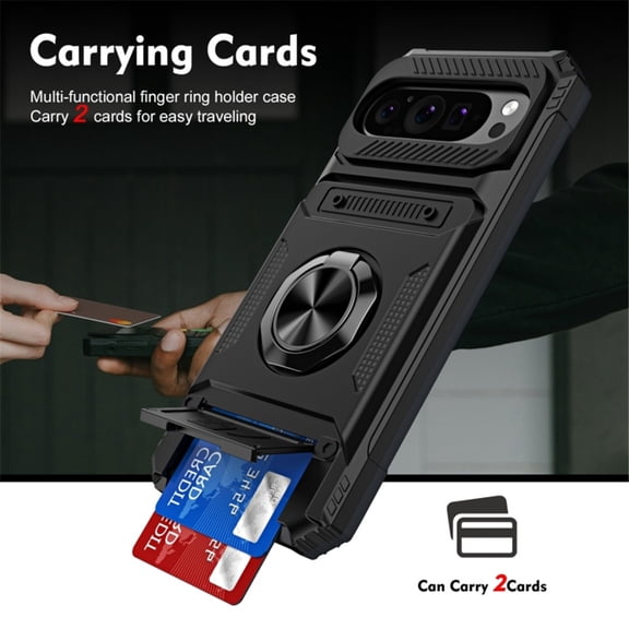 For Google Pixel 9 / 9 Pro Phone Case with Finger Ring Holder Kickstand, Card Slots，Heavy Duty Shockproof Rugged Protective Working with Magnetic Car Phone Mount,Black,For Pixel 9 / 9 Pro