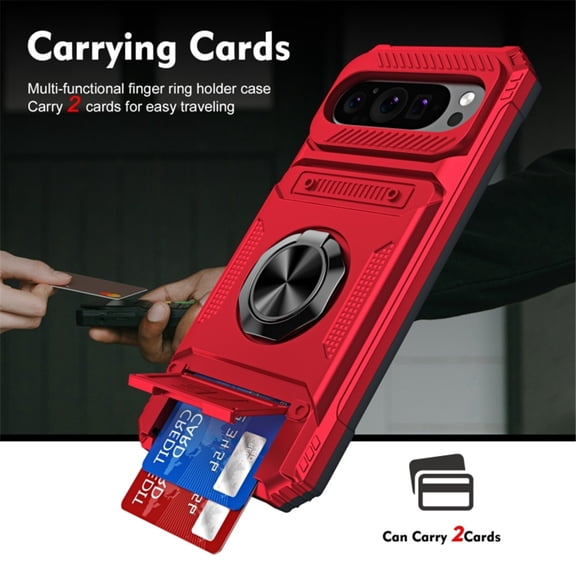 For Google Pixel 9 / 9 Pro Phone Case with Finger Ring Holder Kickstand, Card Slots，Heavy Duty Shockproof Rugged Protective Working with Magnetic Car Phone Mount,Red,For Pixel 9 / 9 Pro