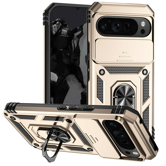 for Google Pixel 9 / 9 Pro Rugged Phone Case with Sliding Camera Cover, Kickstand TPU Bumper Drop Proof Durable Military Grade Protective Case Cover for Google Pixel 9 / 9 Pro, Gold