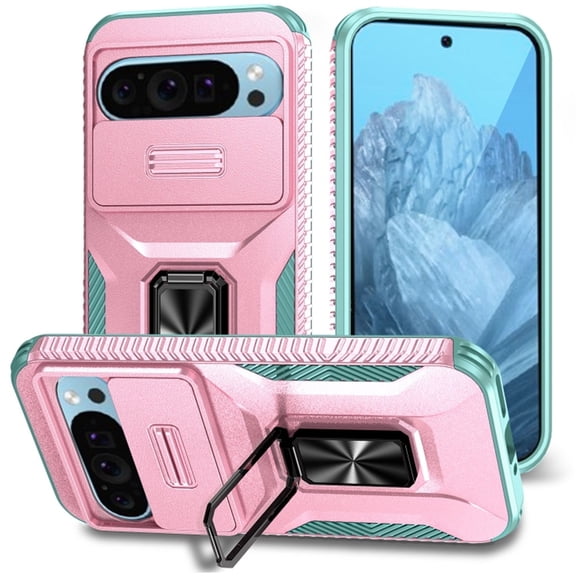 For Google Pixel 9 / 9 Pro Slim Fit Shockproof Hybrid with Slide Camera Cover & Rotated Ring Kickstand, [Military-Grade] Phone Case For Google Pixel 9 / 9 Pro 6.3",Pink Green