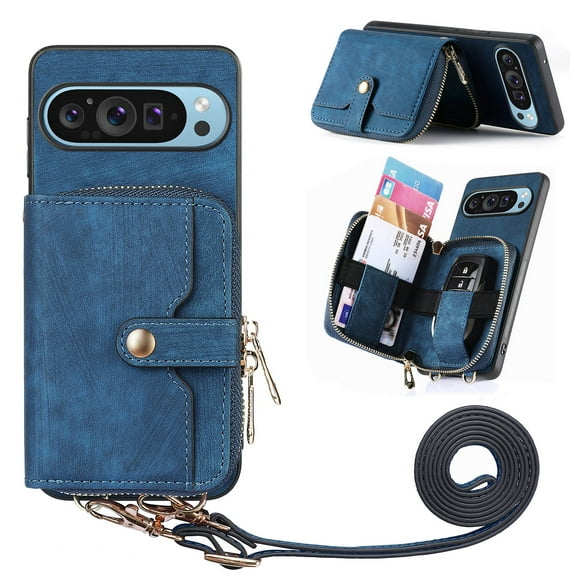for Google Pixel 9 / 9 Pro Wallet Case, Crossbody Purse with Card Holder for Women, Zipper PU Leather Carrying Cover Gift with Shoulder Strap Kickstand Anti-drop for Google Pixel 9 / 9 Pro - Blue
