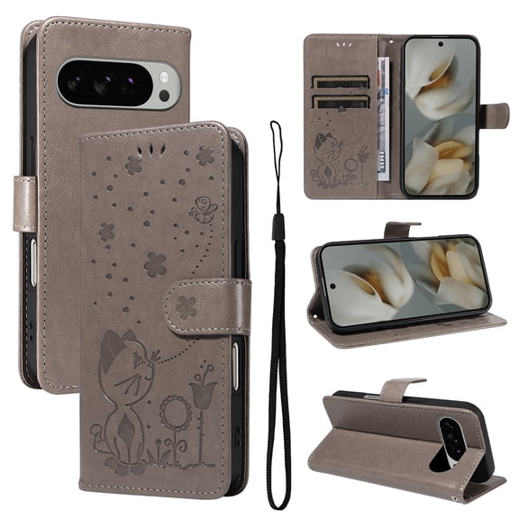 For Google Pixel 9 / 9 Pro Wallet Case Cute Cat Flower Embossed PU Leather Flip Cover [RFID Blocking] with 2 Card Slots Cash Holder Wrist Strap Magnetic Closure Kickstand Folio Case,Gray