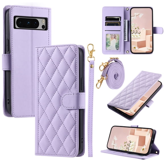 for Google Pixel 9 / 9 Pro Wallet Case, Elegant PU Leather Shoulder Strap & Wrist Strap Kickstand Card Slots Magnetic Closure Full Body Protection Phone Case for Google Pixel 9 / 9 Pro, Purple