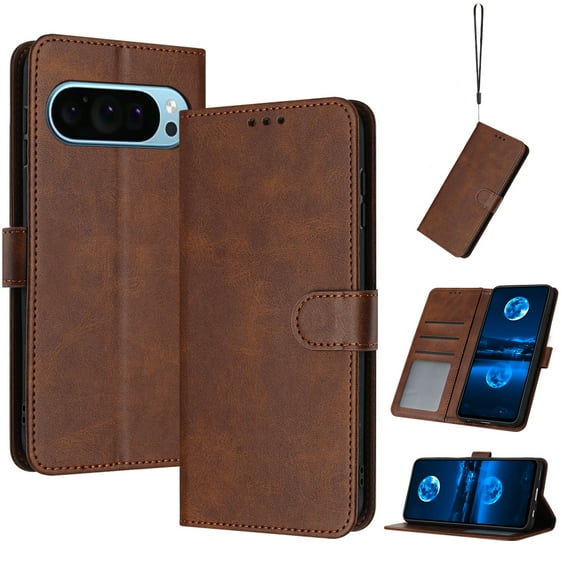 For Google Pixel 9 / 9 Pro phone Wallet Case, PU Leather Flip Phone Case Wallet Cover with Card Slot Holder Kickstand with Hand Strap for Google Pixel 9 / 9 Pro Shockproof Rugged Phone Case,Brown