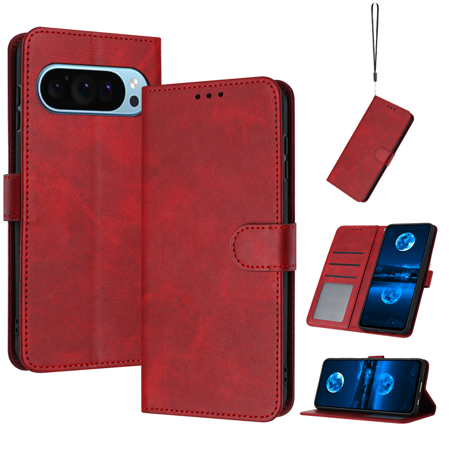 For Google Pixel 9 / 9 Pro phone Wallet Case, PU Leather Flip Phone Case Wallet Cover with Card Slot Holder Kickstand with Hand Strap for Google Pixel 9 / 9 Pro Shockproof Rugged Phone Case,Red