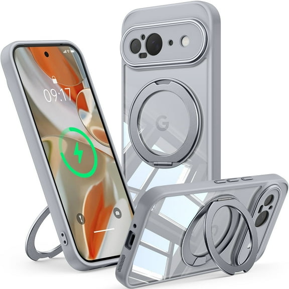 JETeacka for Google Pixel 9 Case, Mag-Safe Compatible 360° Rotatable Stand, Lens Protection Shockproof Magnetic Anti-Yellowing, Gray