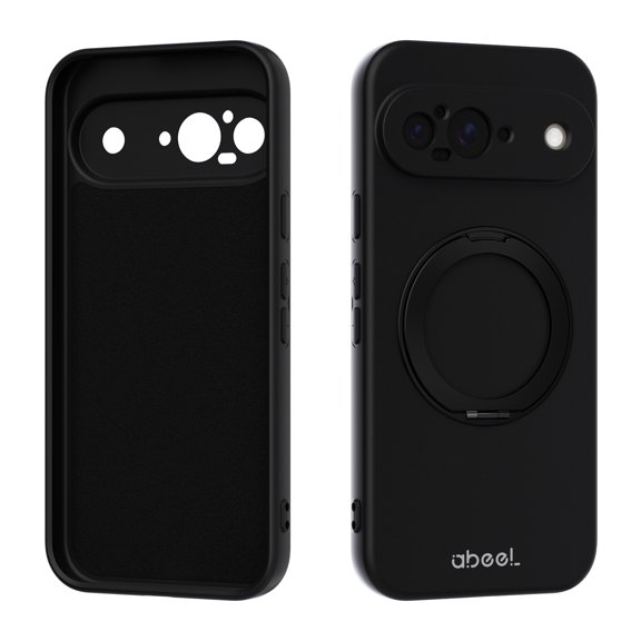 for Google Pixel 9 Case with 360° Spin Ring Stand, Compatible with MagSafe Full Body Shockproof Protection Liquid Silicone Case Hands-Free Video Calls, Support Magnetic Car Mount, Black