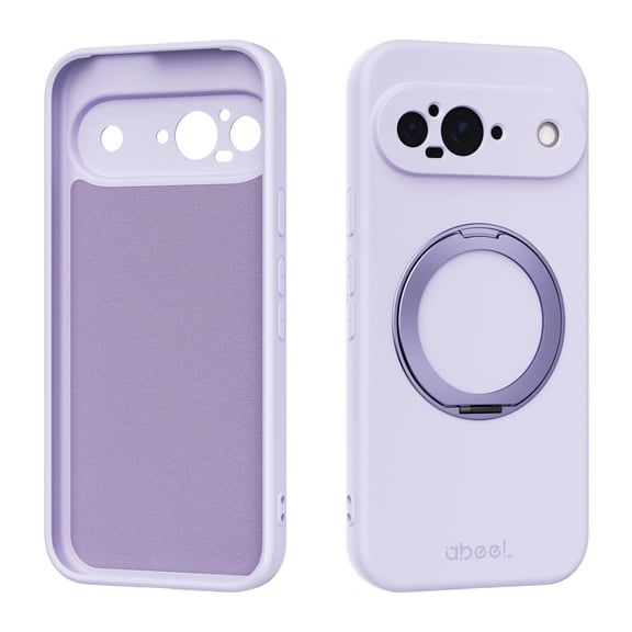 for Google Pixel 9 Case, Compatible with MagSafe, Ultra Slim Silicone Phone Case with Rotating Ring Stand Magnetic Shockproof Protective Cover with Anti-Scratch Microfiber Lining, Purple