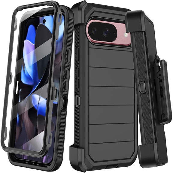for Google Pixel 9 Case,Pixel 9 Pro Case with Built-in Screen Protector,Belt Clip Holster,Heavy Duty Shockproof Drop Protection Military Grade Rugged Full Body Cover with Kickstand (Black)