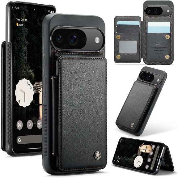 for Google Pixel 9/Google Pixel 9 Pro Case for Women Men, Magnetic Closure PU Leather Wallet Case with RFID Blocking Card Holder Shockproof Protection Case for Google Pixel 9/9 Pro (Black)