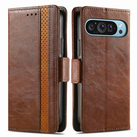 For Google Pixel 9 Leather Phone Case Wallet Folio Flip Cover Casual Business, [RFID Blocking] Multi Hidden Anti-theft Card Holder Cash Slot, Side Magnetic Buckle, Stand Support,Brown
