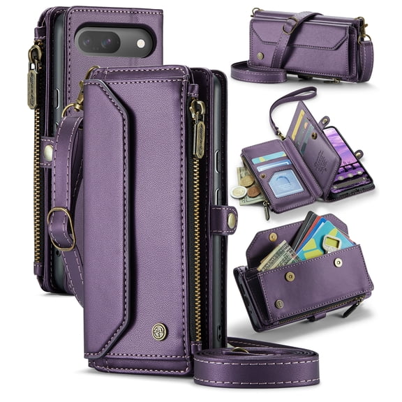 for Google Pixel 9 Phone Case, Women Men Multi-Function Wallet Case with Stand RFID Blocking Featuring Magnetic Closure Zipper Includes Shoulder Strap Wrist Strap,Purple