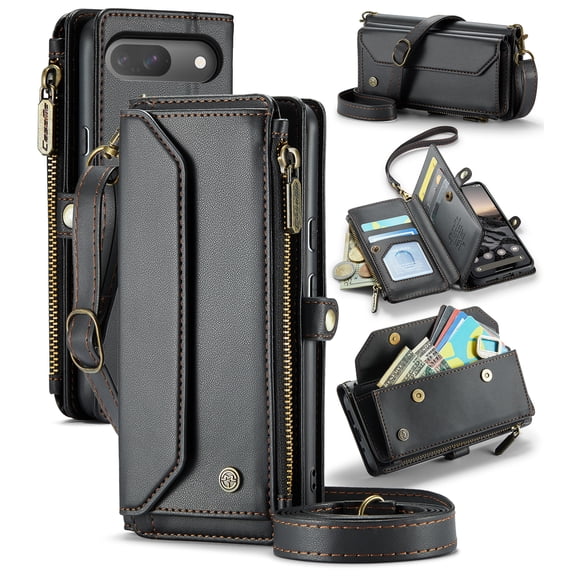 for Google Pixel 9 Phone Case, Women Men Multi-Function Wallet Case with Stand RFID Blocking Featuring Magnetic Closure Zipper Includes Shoulder Strap Wrist Strap,Black