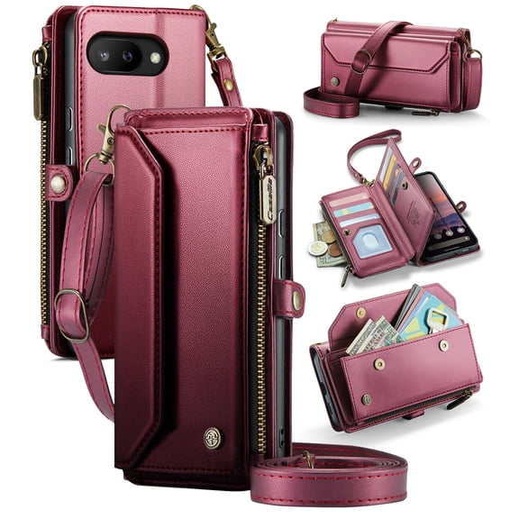 for Google Pixel 9 A Phone Case, Women Men Multi-Function Wallet Case with Stand RFID Blocking Featuring Magnetic Closure Zipper Includes Shoulder Strap Wrist Strap,Hotpink