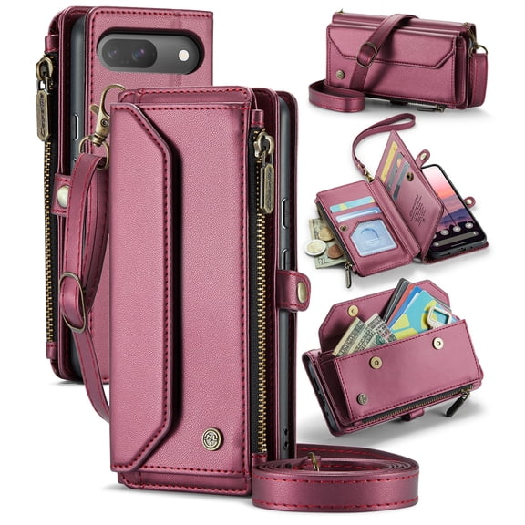 for Google Pixel 9 Phone Case, Women Men Multi-Function Wallet Case with Stand RFID Blocking Featuring Magnetic Closure Zipper Includes Shoulder Strap Wrist Strap,Hotpink