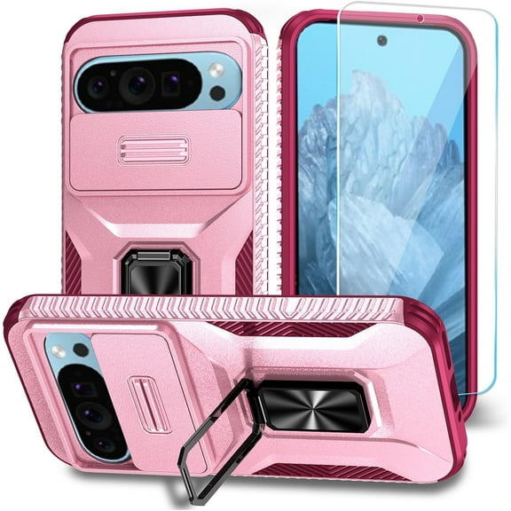 for Google Pixel 9 / Pixel 9 Pro Case with HD Screen Protector & Slide Camera Cover & Rotated Ring Kickstand, [Military-Grade] Phone Case for Google Pixel 9 / Pixel 9 Pro (Y_Pink)