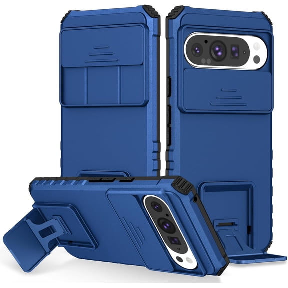 for Google Pixel 9/Pixel 9 Pro Case with Slide Camera Cover, Armour Silicone TPU Bumper Tough PC Cover for Pixel 9 with Kickstand, Military Shockproof Protective Phone Case for Pixel 9 Pro Blue