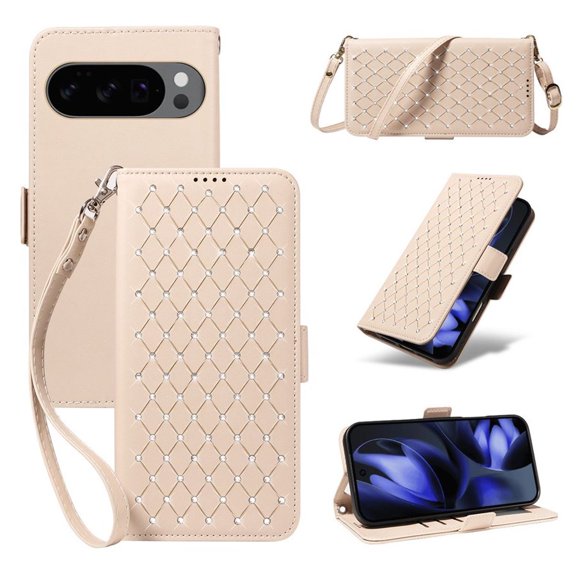 For Google Pixel 9 / Pixel 9 Pro RFID Blocking Wallet Case, Magnetic Flip Cover Card Holder & Bills Slot, Soft PU Leather With Detachable Shoulder Strap And Wrist Strap,Beige