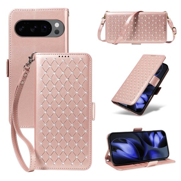 For Google Pixel 9 / Pixel 9 Pro RFID Blocking Wallet Case, Magnetic Flip Cover Card Holder & Bills Slot, Soft PU Leather With Detachable Shoulder Strap And Wrist Strap,Rose gold