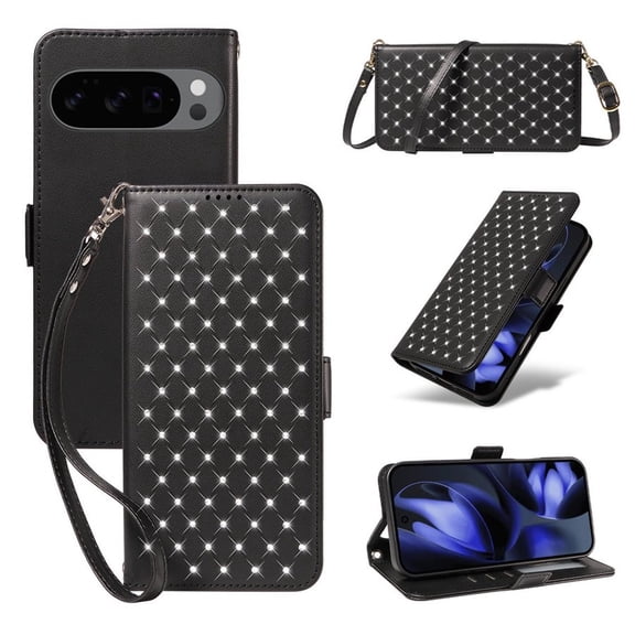 For Google Pixel 9 / Pixel 9 Pro RFID Blocking Wallet Case, Magnetic Flip Cover Card Holder & Bills Slot, Soft PU Leather With Detachable Shoulder Strap And Wrist Strap,Black