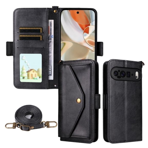 For Google Pixel 9 / Pixel 9 Pro  Vintage Leather Wallet Case For Women Men Multi-Card Slots Hidden Button Pocket Detachable Shoulder Strap ,Shockproof Phone Case,Black