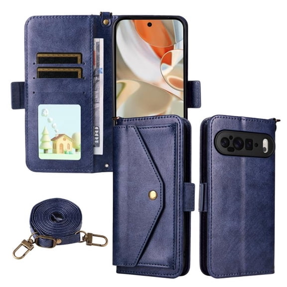 For Google Pixel 9 / Pixel 9 Pro  Vintage Leather Wallet Case For Women Men Multi-Card Slots Hidden Button Pocket Detachable Shoulder Strap ,Shockproof Phone Case,Blue