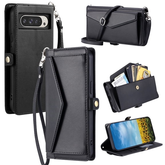 For Google Pixel 9 Pro/10 Pro XL Wallet Phone Case-PU Leather Flip Cover with 3 Credit Card Slots,Hidden buckle Pocket & Detachable Shoulder Strap and Wrist Strap,Shockproof,Black