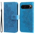 thumbnail image 1 of For Google Pixel 9 Pro 6.3" Seven Petal Flower Embossed Strong Magnetic Attachment/Closure, Card Slots/Pocket, PU Leather Flip Wallet Case With Hanging Rope,Blue,For Google Pixel 9 Pro, 1 of 8