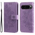 thumbnail image 1 of For Google Pixel 9 Pro 6.3" Seven Petal Flower Embossed Strong Magnetic Attachment/Closure, Card Slots/Pocket, PU Leather Flip Wallet Case With Hanging Rope,Purple,For Google Pixel 9 Pro, 1 of 8