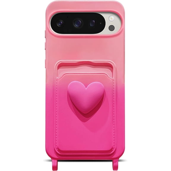 for Google Pixel 9 Pro Case/Pixel 9 Case Cute Kawaii 3D Heart Card Slot Holder Wallet Pocket Gradient Color Shockproof Protective Bumper Soft Silicone Phone Cover (Hot Pink)