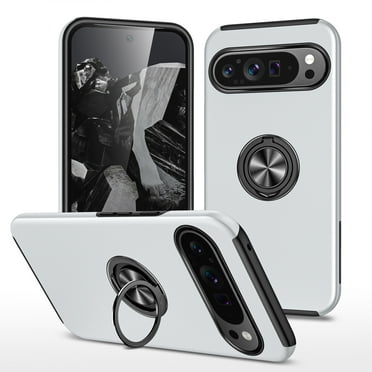 for Google Pixel 9 / 9 Pro Case with Ring Stand, 360° Rotatable Ring Holder Magnetic Kickstand, 2-Layer Heavy Duty Shockproof Rugged Hybrid Hard PC Soft Rubber Case for Google Pixel 9 / 9 Pro, Silver