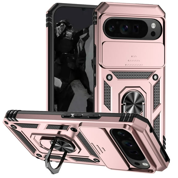 Google Pixel 9 / 9 Pro Kickstand Armor Case with Slide Camera Lens Protection Cover Built-in 360° Rotate Ring Holder Stand Magnetic Military Shockproof Phone Cover for Google Pixel 9 / 9 Pro,Rosegold