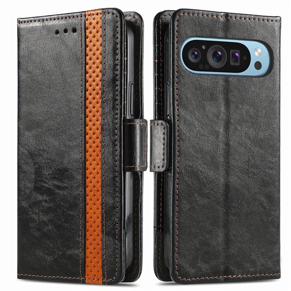 For Google Pixel 9 Pro Leather Phone Case Wallet Folio Flip Cover Casual Business, [RFID Blocking] Multi Hidden Anti-theft Card Holder Cash Slot, Side Magnetic Buckle, Stand Support,Black