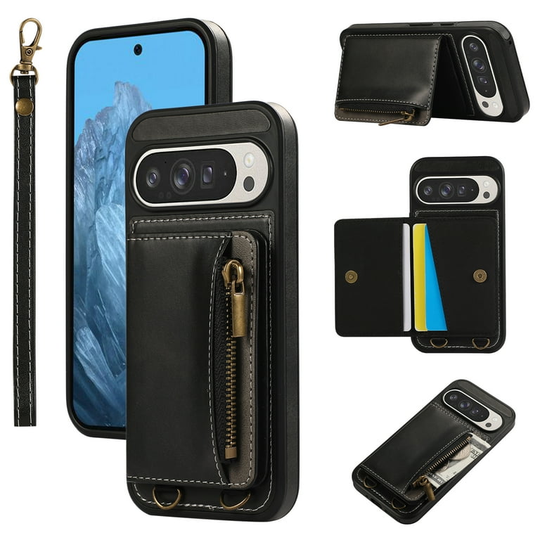 for Google Pixel 9 / 9 Pro PU Leather Case, Card Slots and Zipper 