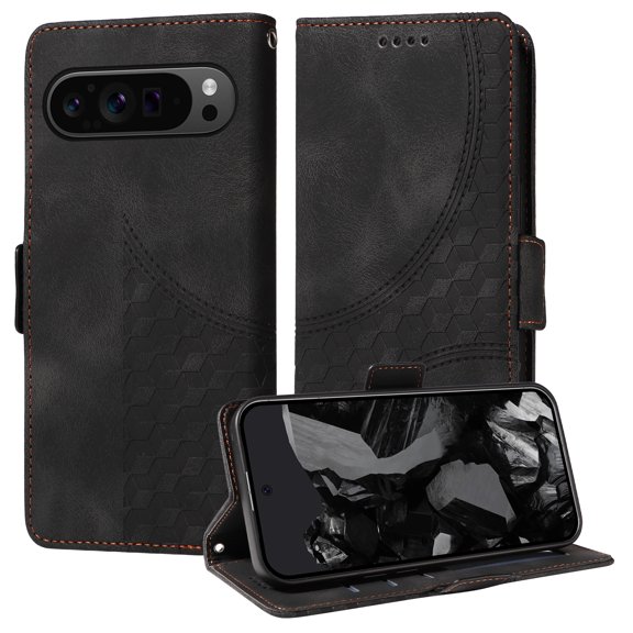 for Google Pixel 9 Pro XL 6.8" Pattern Wallet Case, Magnetic Closure PU Leather Wallet Flip Case with Card Holder Kickstand Purse Phone Cover with Wrist Strap for Google Pixel 9 Pro XL, Black