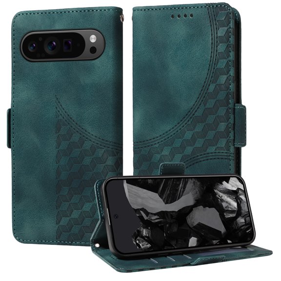 for Google Pixel 9 Pro XL 6.8" Pattern Wallet Case, Magnetic Closure PU Leather Wallet Flip Case with Card Holder Kickstand Purse Phone Cover with Wrist Strap for Google Pixel 9 Pro XL, Green