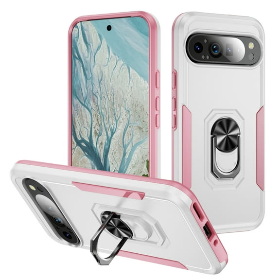 for Google Pixel 9 Pro XL Armor Case with Camera Lens Slide Protection [Military Grade Drop Tested] for Magnetic Car Mount Ring Holder Kickstand Protective Heavy Duty Phone Case,White+Pink