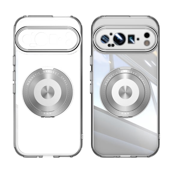 for Google Pixel 9 Pro XL Back Case with Lens Protector, Slim TPU Frame Rotating Ring Bracket Magnetic PC Clear Back Anti-Scratch Anti-fingerprint Phone Case for Google Pixel 9 Pro XL, White