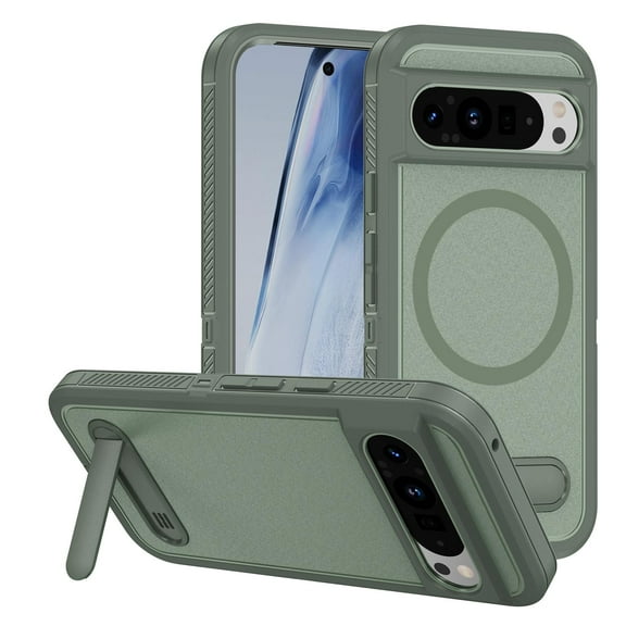 for Google Pixel 9 Pro XL Case,[Built-in Invisible Kickstand],Compatible with MagSafe,Military-Grade Drop Protection Double Layer Shockproof Slim Translucent Matte Phone Case,Gray Green+Green