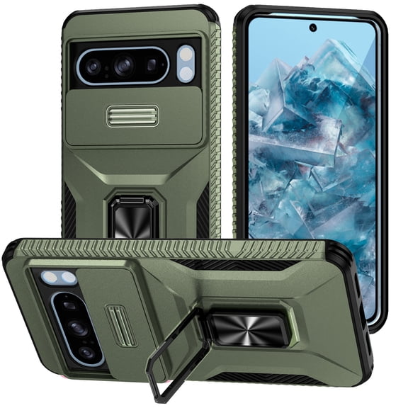 for Google Pixel 9 Pro XL Case Camera Cover Lens Slide Protector Ring Kickstand Magnetic for Mag Safe Drop Protection Heavy Duty Anti-Scratch Impact Resistant Protective Hard Bumper Shell,Darkgreen