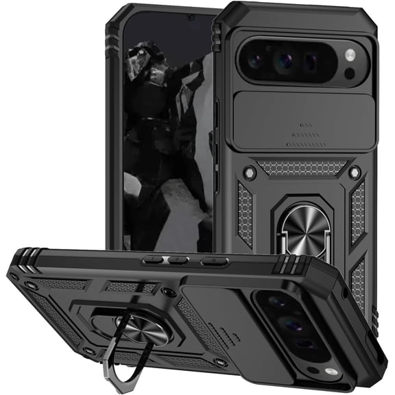 for Google Pixel 9 Pro XL Case Camera Lens Protector Slide Cover Black, Rugged Shield Heavy Duty Google Pixel 9 Pro XL Phone Case with Ring Holder Shockproof (Black)