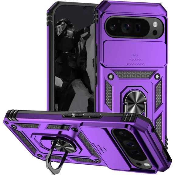 for Google Pixel 9 Pro XL Case Camera Lens Protector Slide Cover Black, Rugged Shield Heavy Duty Google Pixel 9 Pro XL Phone Case with Ring Holder Shockproof (Purple)