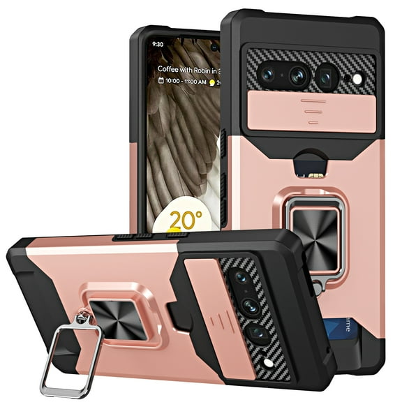 for Google Pixel 9 Pro XL Case with Card Holder Ring Kickstand Slide Camera Cover Pixel 8 Pro 5g Case Heavy Duty Protection Shockproof Rugged for Google Pixel 9 Pro XL Phone Cover, Rosegold