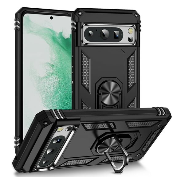For Google Pixel 9 Pro XL Case ,Heavy Duty Shockproof Body Phone Cover Built in Metal Rotated Magnetic Ring Holder Kickstand,Dual Layer Military-Grade Drop protection,Black