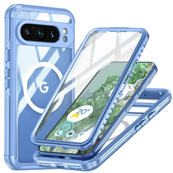 for Google Pixel 9 Pro XL Case, Magnetic Wireless Charger Full-Body Protection Shockproof Rugged Clear Bumper Frame Case Cover with Built-in Screen Protector for Google Pixel 9 Pro XL, Blue