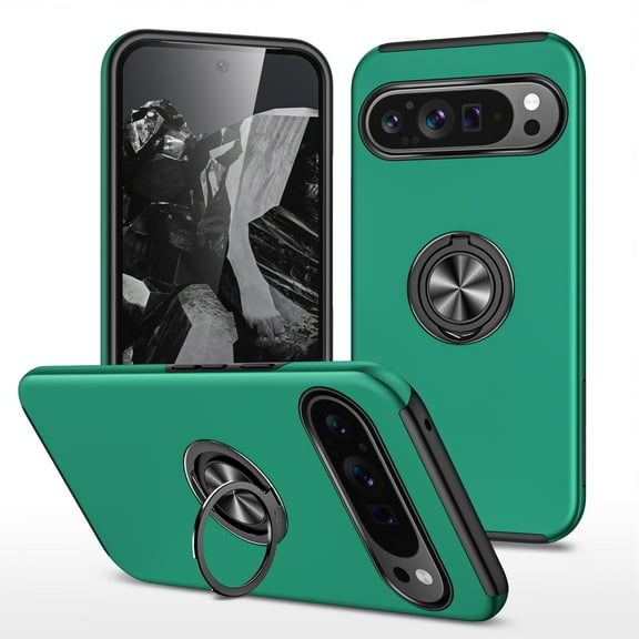 for Google Pixel 9 Pro XL Case with Ring Stand, 360° Rotatable Ring Holder Magnetic Kickstand, 2-Layer Heavy Duty Shockproof Rugged Hybrid Hard PC Soft Rubber Case for Google Pixel 9 Pro XL, Darkgreen